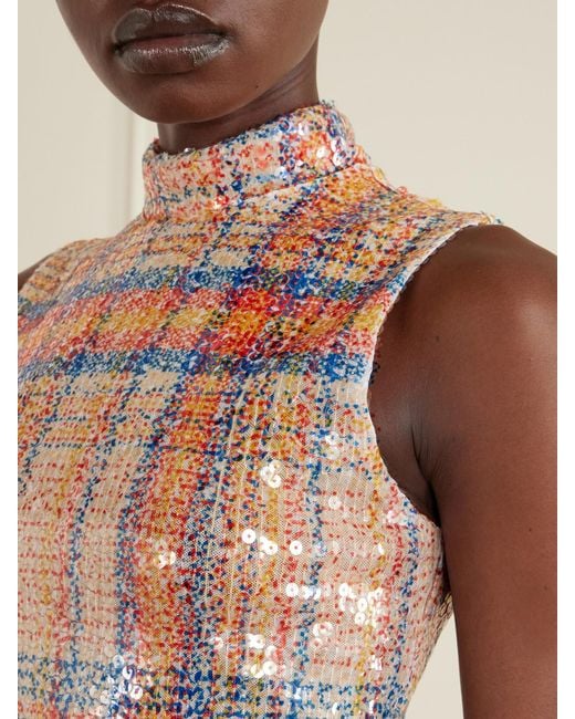 Brandon Maxwell Orange Piper Checked Sequined Mesh Turtleneck Top