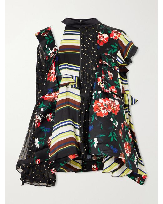 Sacai Black Pattern Mix Printed Ruffled Blouse