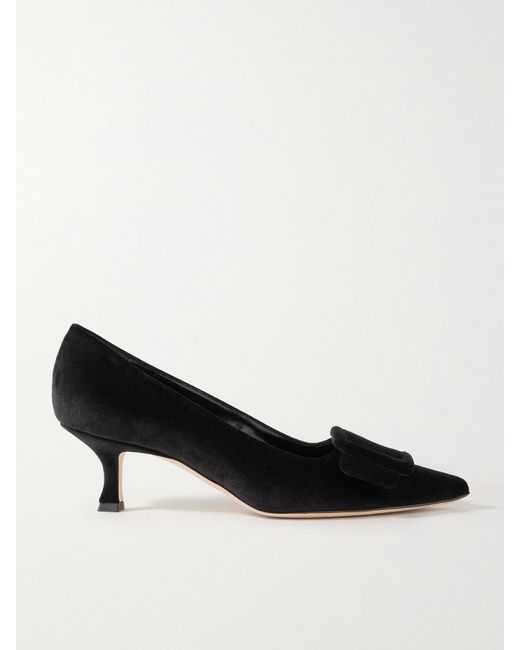Manolo Blahnik Black Maysale 50 Buckled Velvet Pumps