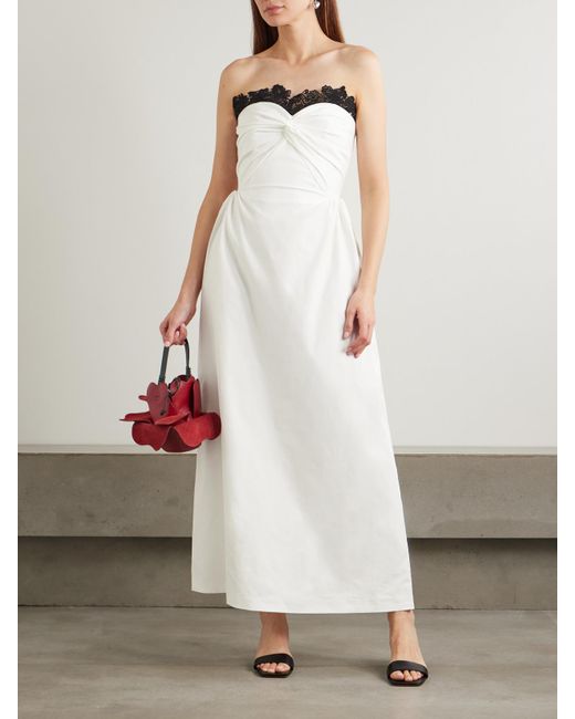 Kika Vargas White Rose Guipure Lace-Trimmed Faille Maxi Dress