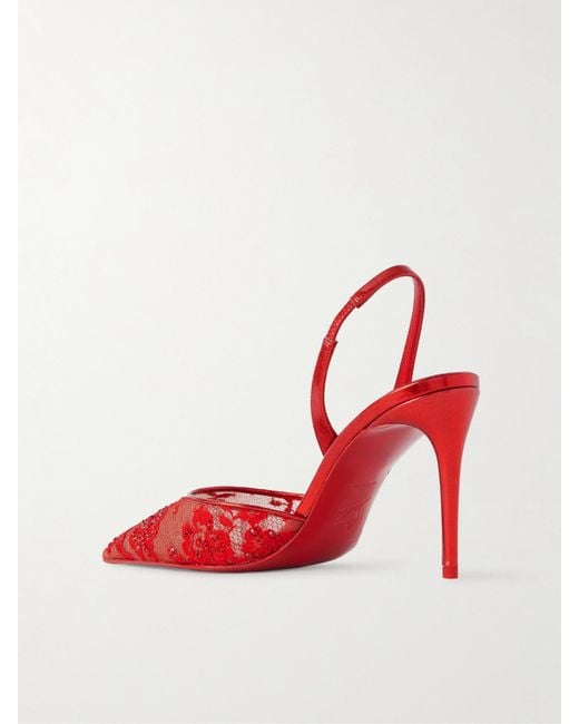 Christian Louboutin Red Kate Max Slingback-Sandalen Aus Spitze Mit Metallic-Lederbesätzen Und Kristallen