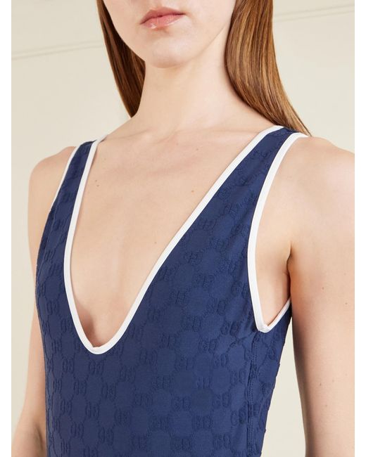 Gucci Blue Piped Terry-Jacquard Swimsuit