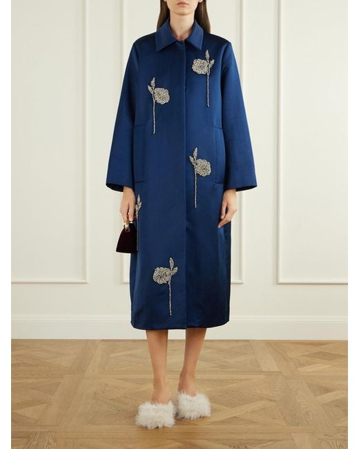 Erdem Blue Floral-Embroidered Satin Coat