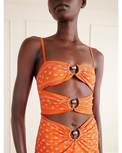 Christopher Esber Orange Orbit Embellished Ruched Cutout Printed Stretch-Jersey Mini Dress