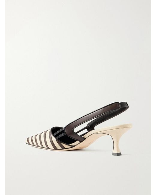 Manolo Blahnik Natural Pelas 50 Leather-Trimmed Canvas Slingback Pumps