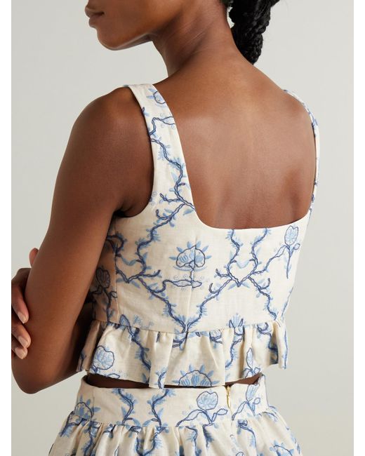 Agua Bendita White Eslabón Floritura Cropped Embroidered Linen Peplum Top