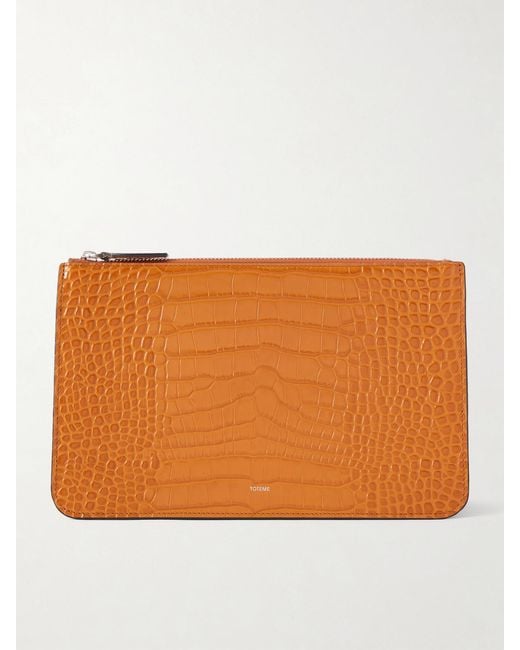 Totême Orange Threefold Croc-Effect Leather Clutch