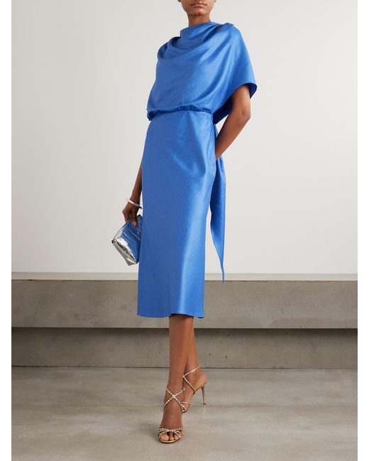 Abadia Blue Mira Layered Knotted Charmeuse Midi Dress