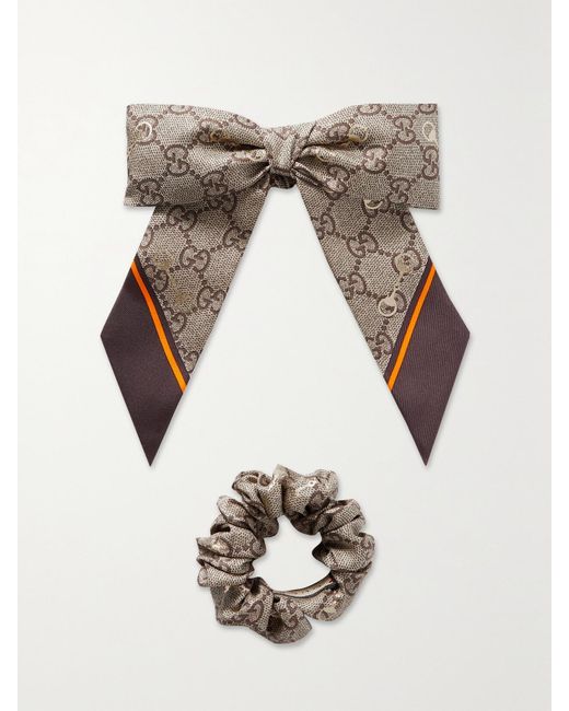 Gucci Brown Gg Printed Silk Hair Tie And Scrunchie Set