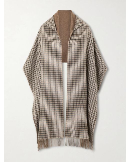 Brunello Cucinelli Gray Hooded Fringed Checked Cashmere Wrap