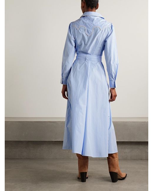 Johanna Ortiz Vela De Cruz Belted Embroidered Striped Poplin Midi Shirt  Dress in Blue | Lyst