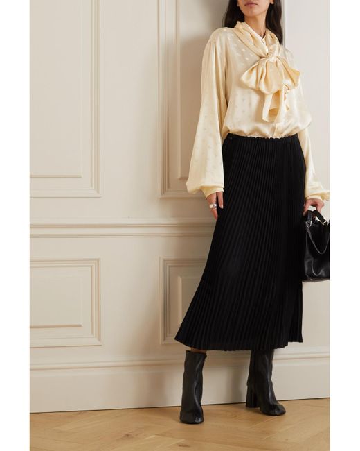 Balenciaga Natural Oversized Hooded Pussy-Bow Satin-Jacquard Blouse