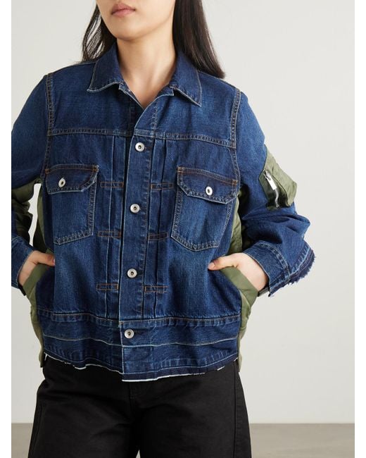 Sacai Blue Paneled Distressed Denim And Shell Jacket