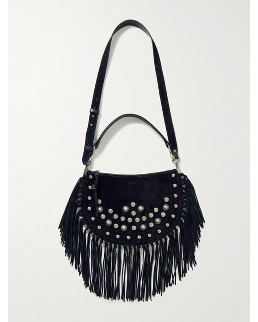 Isabel Marant White Oskan Soft Zipped Fringed Studded Suede Shoulder Bag