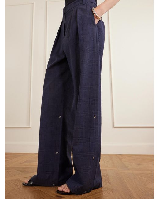 Tibi Blue Stella Pleated Checked Wool And Cotton-Blend Wide-Leg Pants
