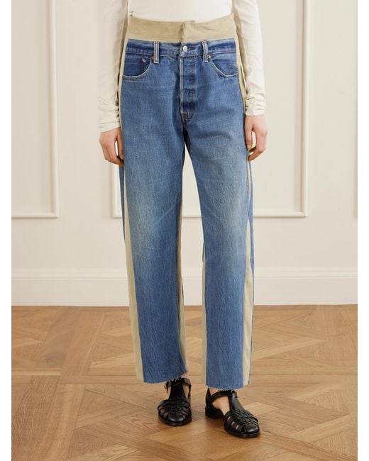 B Sides Blue Double Waistband Rework Suede-Trimmed Wide-Leg Jeans