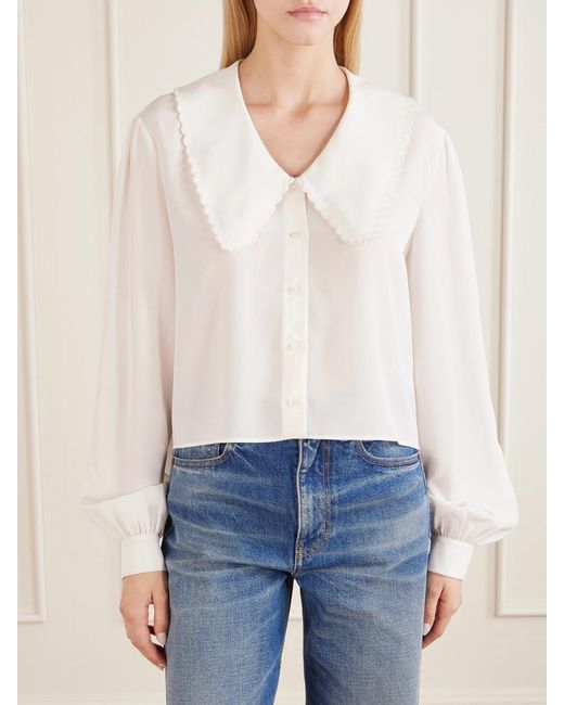 Chloé White Cropped Silk-Crepe De Chine Blouse