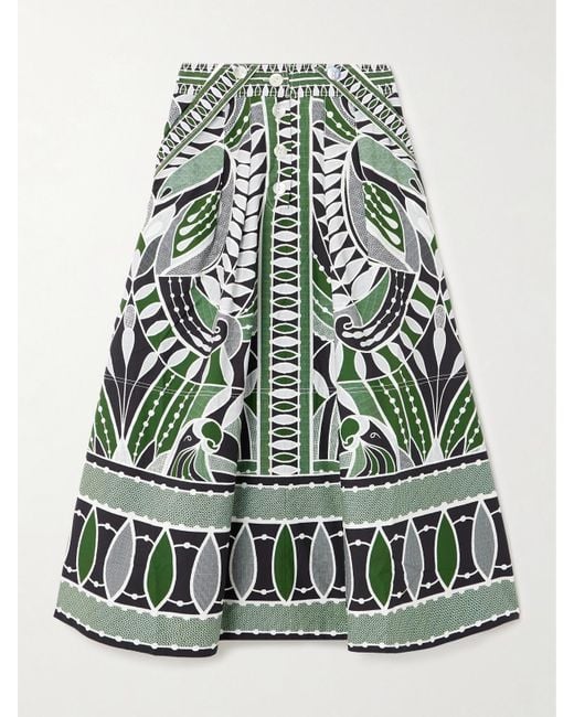 Farm Rio Green Pleated Printed Cotton-Poplin Midi Skirt