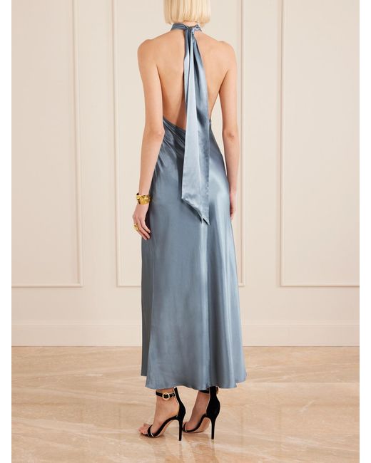 RIXO London Maura Satin Halterneck Midi Dress in Blue | Lyst