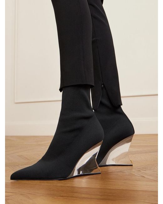 Balmain Black Ribbed Wedge Ankle Boots