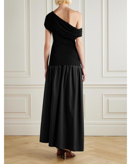 Self-Portrait Black Off-The-Shoulder Draped Knitted And Cotton Midi Dress
