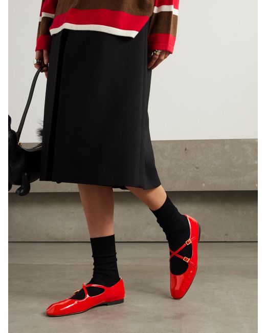 Thom Browne Red Grosgrain-Trimmed Patent-Leather Ballet Flats
