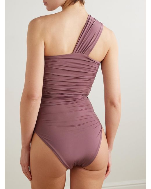 Maygel Coronel Purple Rodríguez One-Shoulder Appliquéd Ruched Cutout Swimsuit