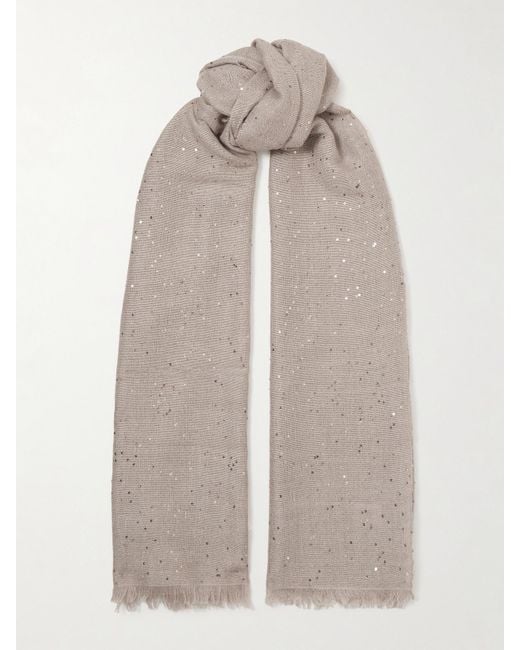 Brunello Cucinelli Natural Sequined Cashmere And Silk-Blend Scarf