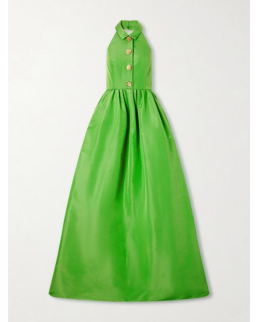 Carolina Herrera Green Halterneck Embellished Silk-Faille Gown