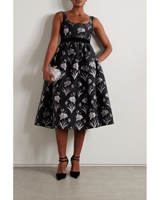 Erdem Black Velvet-Trimmed Metallic Floral-Jacquard Midi Dress