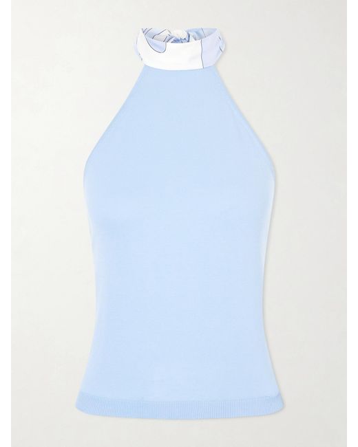 Emilio Pucci Blue Printed Silk-Trimmed Cotton Halterneck Top