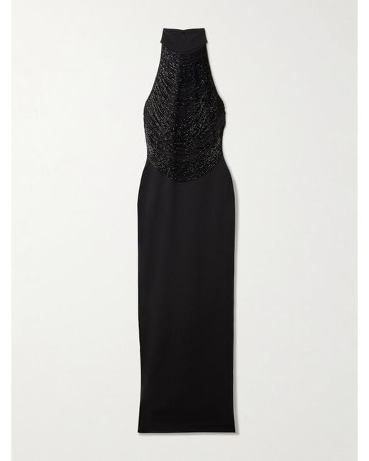 Solace London Black Portia Bead-Embellished Stretch-Crepe Halterneck Gown