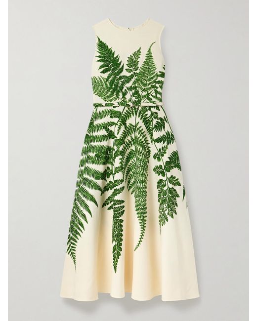 Oscar de la Renta Green Belted Printed Wool-Blend Crepe Midi Dress