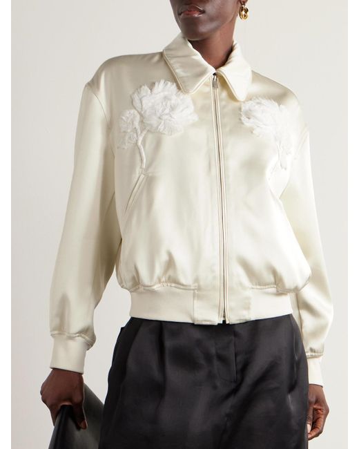 Jil Sander Natural Bomberjacke Aus Glänzendem Twill Mit Stickereien