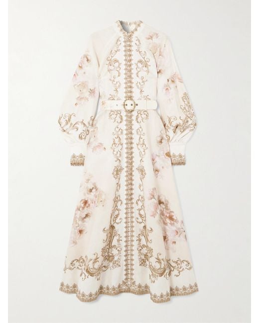 Zimmermann Natural Midikleid Aus Leinen Mit Blumenprint Und Gürtel