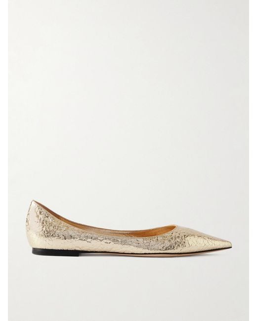 Jimmy Choo Natural Love Metallic Cracked-Leather Ballet Flats