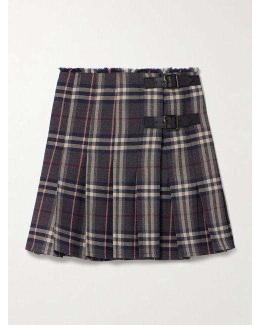 Burberry Black Leather-Trimmed Pleated Checked Wool Mini Skirt
