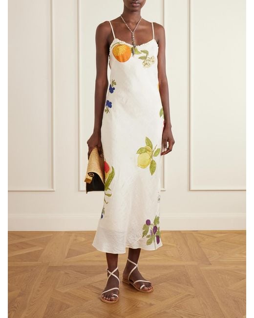 Alix Of Bohemia Natural Athens Nine Fruit Printed Silk Midi Dress