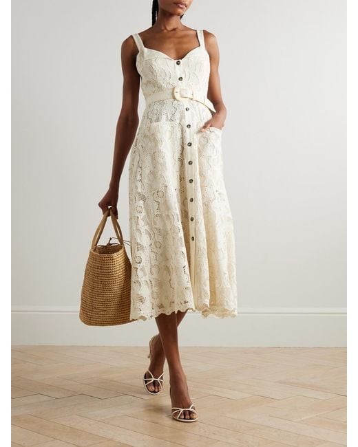 Saloni Natural Fara Belted Broderie Anglaise Cotton Midi Dress