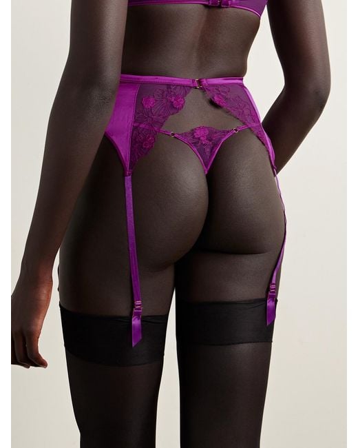 Kiki de Montparnasse Purple Silk-Blend Satin And Appliquéd Embroidered Tulle Suspender Belt