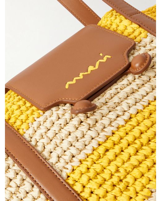 Marni Yellow Trunkaroo Kleine Tote Aus Gestreiftem Raffiabast Mit Stickerei Und Lederbesätzen