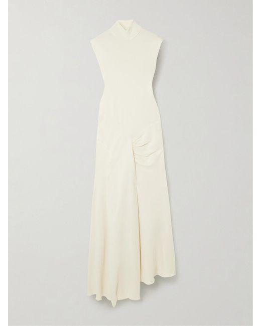 Victoria Beckham White Asymmetric Ribbed-Knit And Draped Crepe Turtleneck Dress