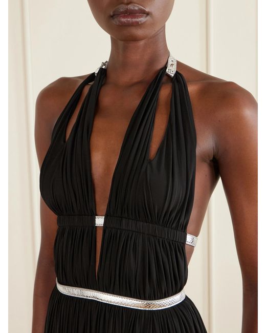 Alaïa Black Pleated Metallic Elaphe-Trimmed Jersey Gown