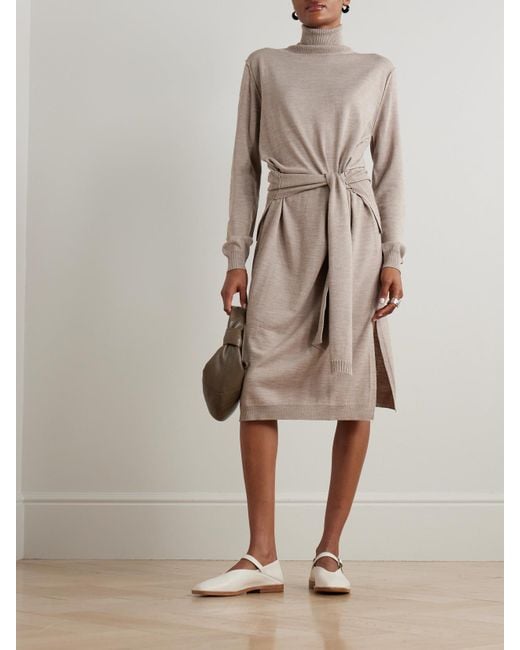 Lemaire Natural Belted Wool-Blend Turtleneck Midi Dress