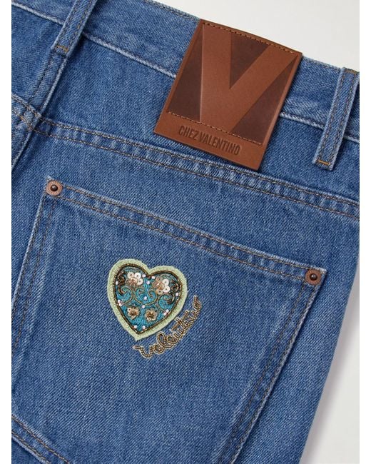 Valentino Blue Embroidered Embellished High-Rise Straight-Leg Jeans