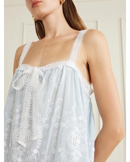 Miguelina White Havana Bow-Detailed Embroidered Silk-Blend Voile Mini Dress