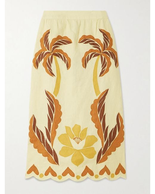 Farm Rio Metallic Summer Scalloped Appliquéd Linen Skirt