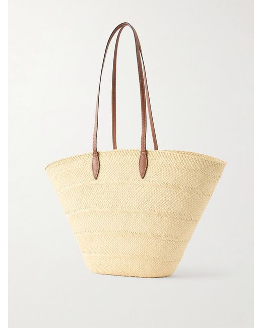 Hunting Season Natural Trapeze Basket Leather-Trimmed Woven Raffia Tote
