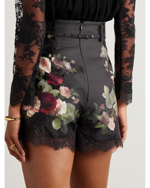 Zimmermann Black Belted Lace-Trimmed Floral-Print Silk And Cotton-Blend Twill Shorts