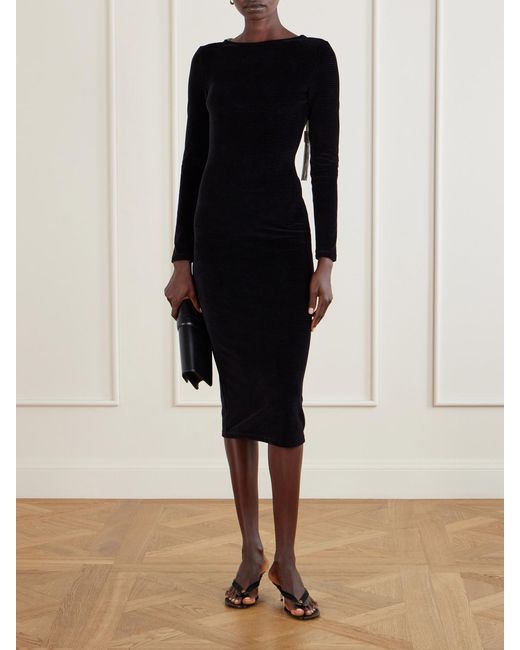 Balmain Black Open-Back Embellished Cotton-Blend Velvet Midi Dress